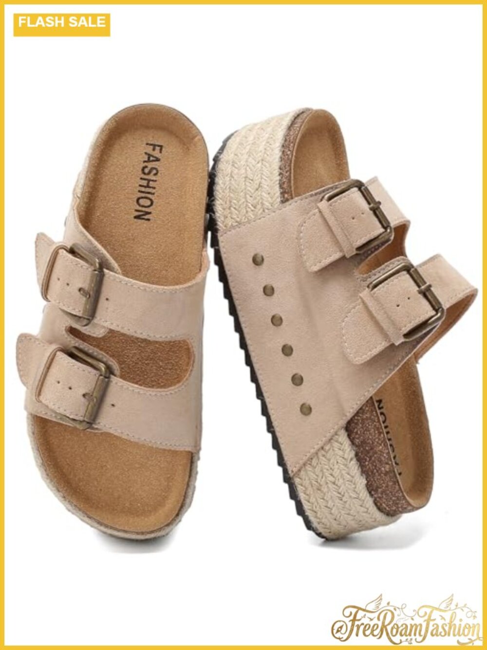 Womens Platform Sandals Cork Footbed Double Buckle Slides Espadrilles